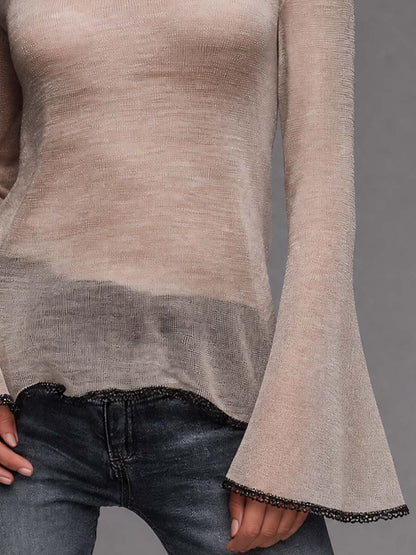 Boho Contrast Lace Trim Flare Long Sleeve Sheer Mesh Top