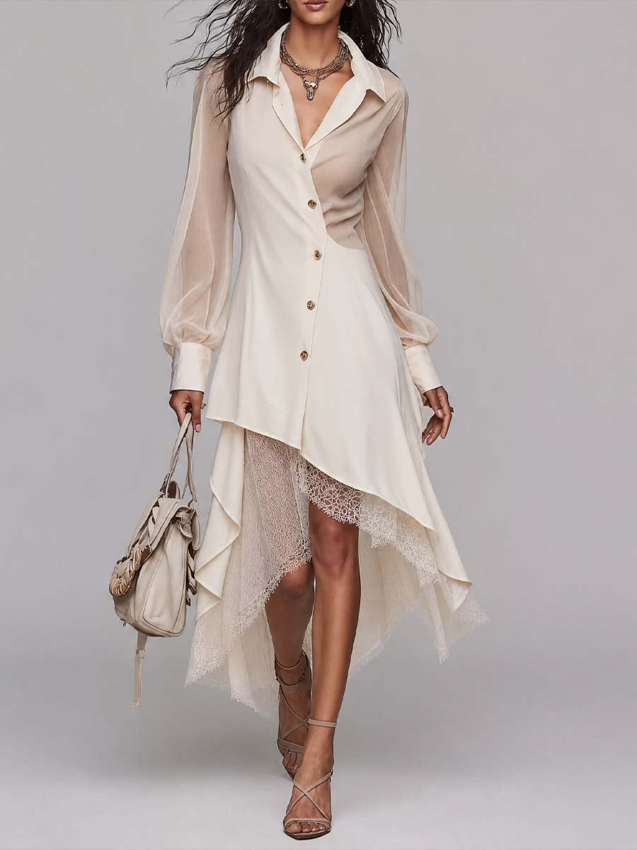 Elegant Lapel Collar Sheer Puff Sleeve Button Front Lace Layer Asymmetric Hem Midi Shirt Dress
