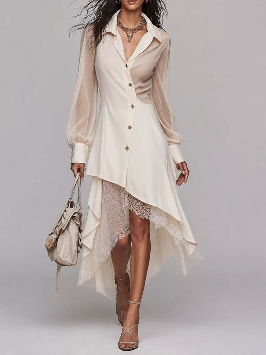Elegant Lapel Collar Sheer Puff Sleeve Button Front Lace Layer Asymmetric Hem Midi Shirt Dress