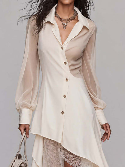Elegant Lapel Collar Sheer Puff Sleeve Button Front Lace Layer Asymmetric Hem Midi Shirt Dress