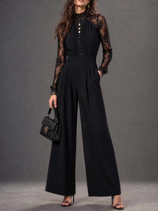 Vintage Stand-up Collar Lace Trim Jumpsuit