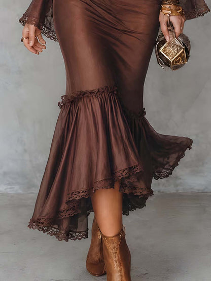Vintage Cowl Neck Lace-trimmed Fishtail Hem Midi Dress