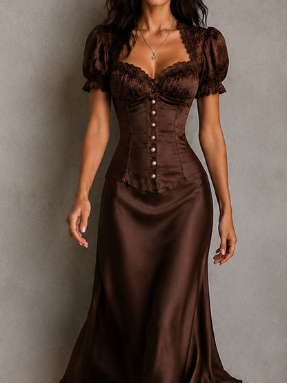 Retro Elegant Brown Satin Corset Puff Sleeve Midi Dress