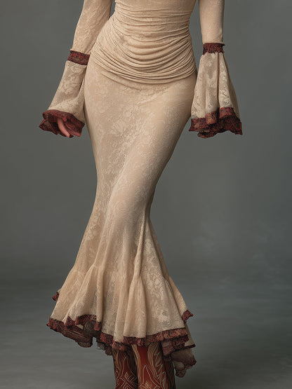 Elegant Draped Neckline Fishtail Hem Lace Maxi Dress