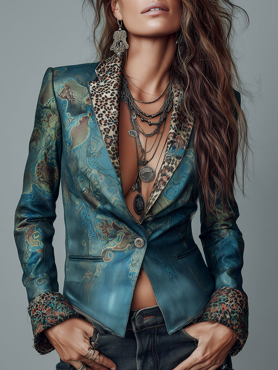 Retro Leopard-print Slim-fit Single-button Blazer With Lapels