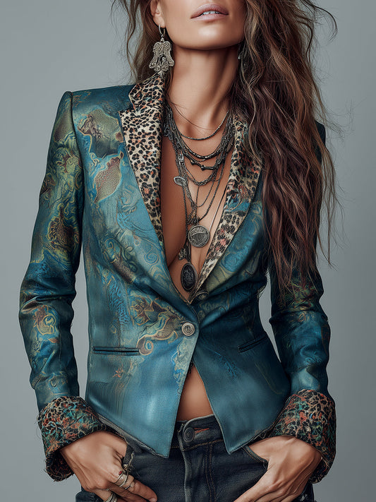 Retro Leopard-print Slim-fit Single-button Blazer With Lapels