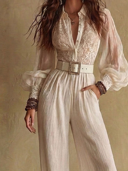 Boho Romantic Cream Lace Patchwork Crinkle Wide Leg Jumpsuit