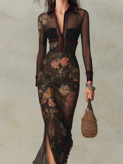 Vintage Oil Painting Print Straight-cut Mesh Maxi Dress With Side Slits