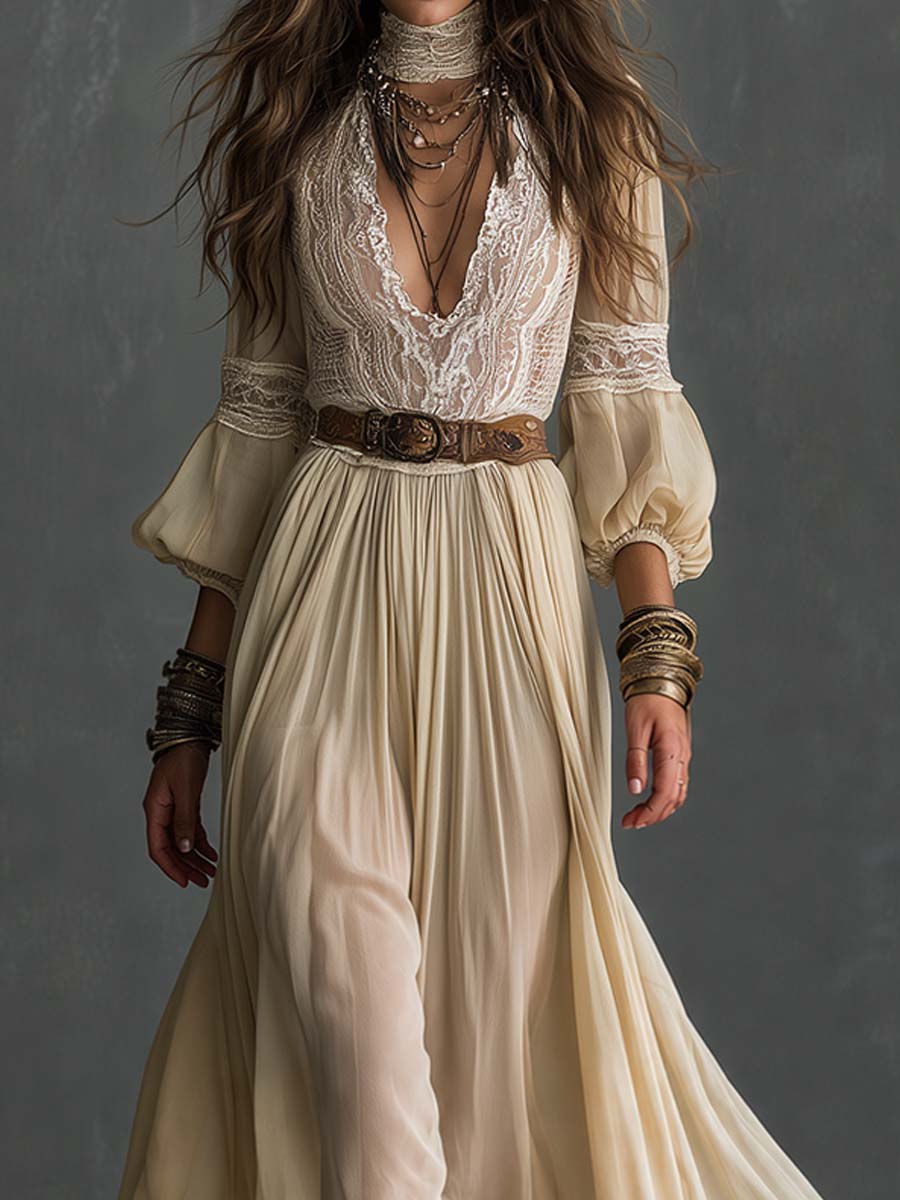 Boho Lace Deep V Bishop Sleeve Maxi Dress