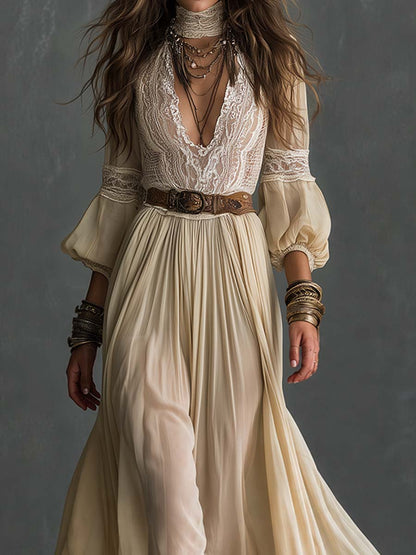 Boho Lace Deep V Bishop Sleeve Maxi Dress