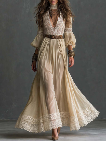Boho Lace Deep V Bishop Sleeve Maxi Dress