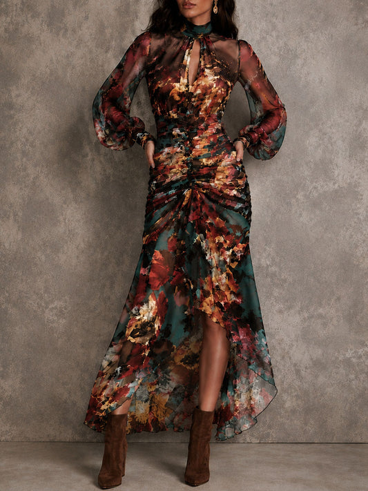Vintage Floral Chiffon Keyhole Neck Ruched High Low Midi Dress