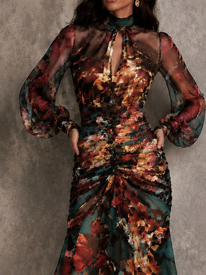 Vintage Floral Chiffon Keyhole Neck Ruched High Low Midi Dress