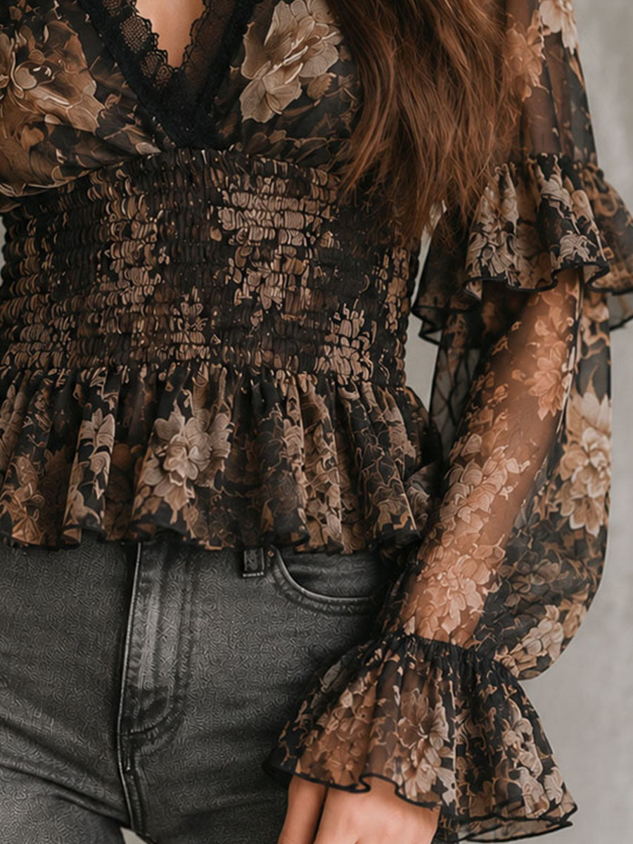 Boho Black Floral Lace V Neck Smocked Ruffle Sleeve Blouse