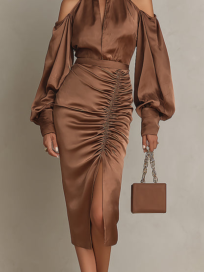 Elegant Shoulder Cut-outs Satin Midi Dress With Side-slit Hem