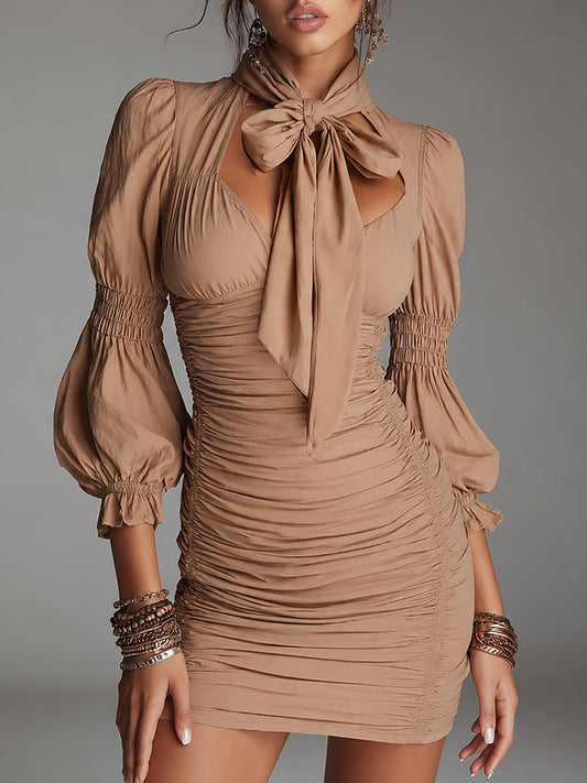 Boho Tie-neck Fitted Pleated Cotton Mini Dress With Pleated Detail