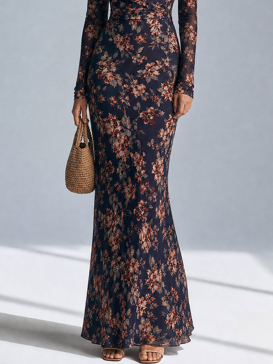 Elegant Printed Slim-fit Mermaid Maxi Dress With A Crossover Neckline