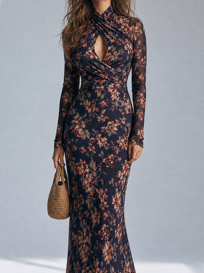 Elegant Printed Slim-fit Mermaid Maxi Dress With A Crossover Neckline