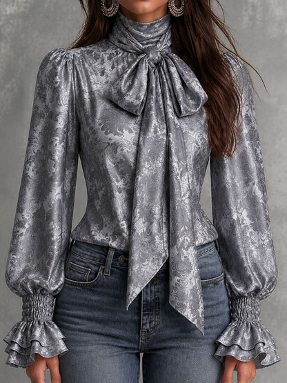 Retro Grey Damask Print Satin Bow Neck Shirred Cuff Ruffle Blouse