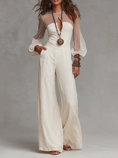 Boho Keyhole Cutout Sheer Puff Long Sleeve Wide Leg Jumpsuit