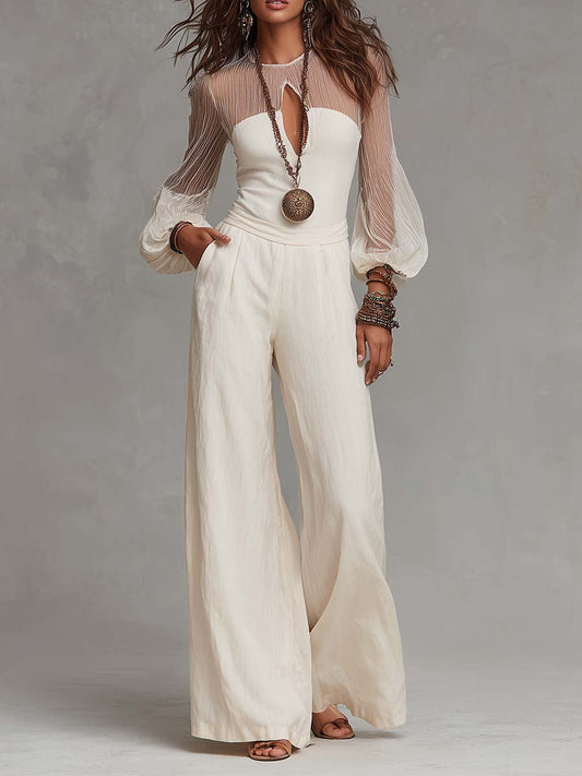 Boho Keyhole Cutout Sheer Puff Long Sleeve Wide Leg Jumpsuit