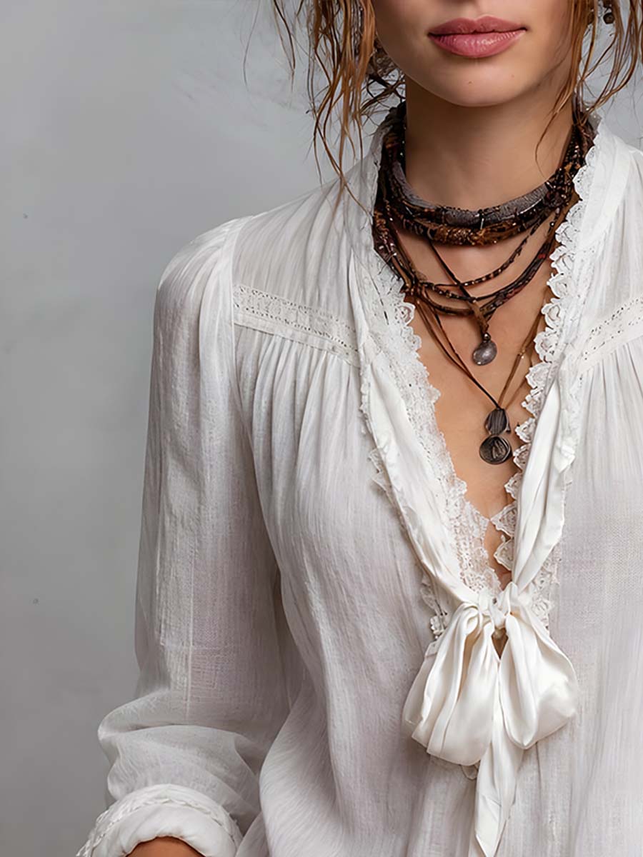 Vintage Lace-trimmed Tie-neck Cotton-linen Blouse