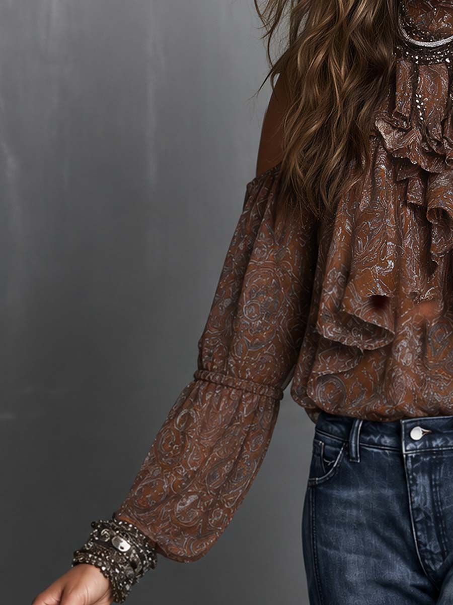 Boho Paisley Cold Shoulder Ruffle Neck Blouse