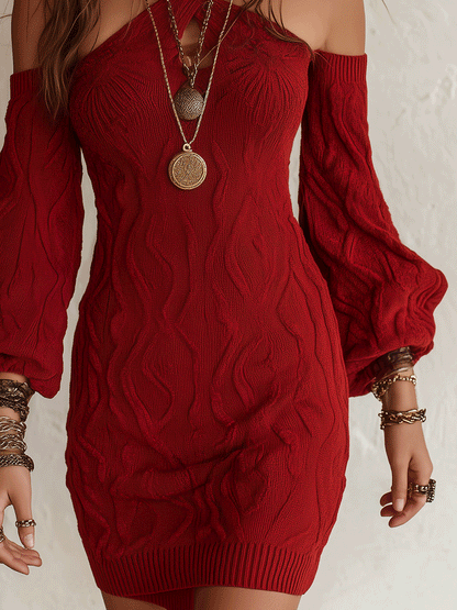 Autumn Elegant Ribbed-Knit Puff-Sleeve Bodycon Burgundy Mini Sweater Dress