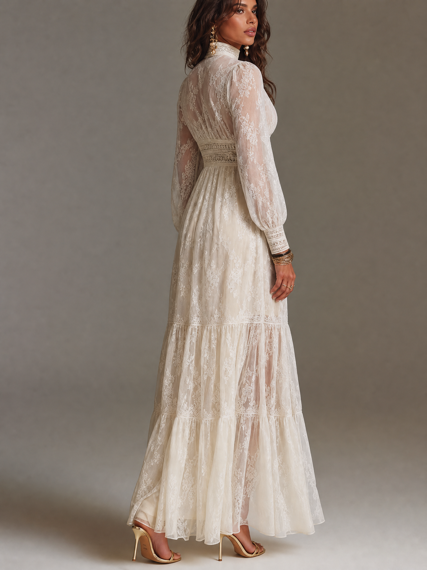 Boho High Neck Keyhole Cutout Smocked Waist Tiered Ruffle Lace Maxi Dress