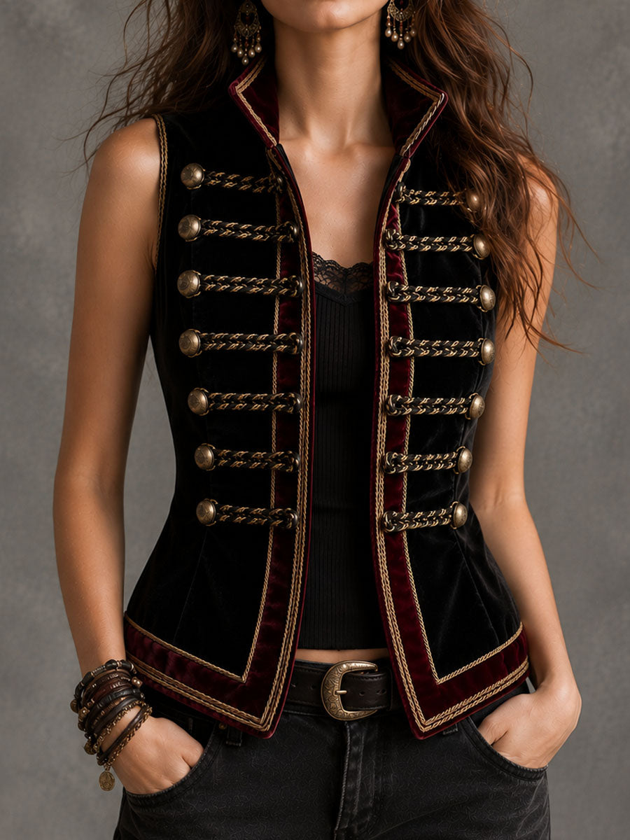 Retro Black Velvet Stand Collar Gold Braided Trim Double Breasted Waistcoat