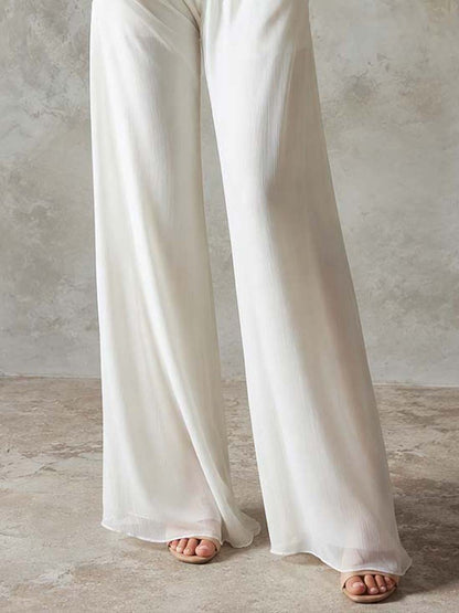 High Neck Puff Cuff Sleeve Smocked Waist Pocket Wide Leg Crinkled Chiffon Jumpsuit