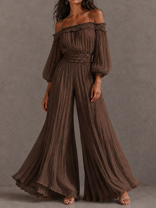 Boho Brown Crinkle Off Shoulder Ruffle Smocked Waist Wide Leg Jumpsuit