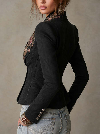 Elegant Vintage Fitted Floral Embroidered Blazer With Lace Trim