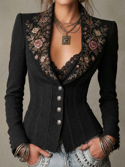 Elegant Vintage Fitted Floral Embroidered Blazer With Lace Trim