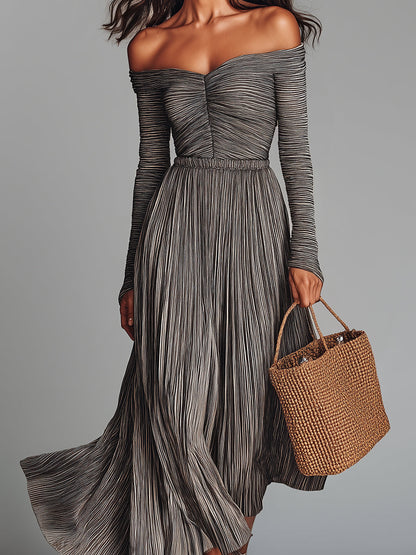 Boho Off-the-shoulder Striped A-line Pleated Maxi Dress