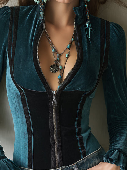 Elegant Color-block Velvet Blouse With Tapered Cuffs