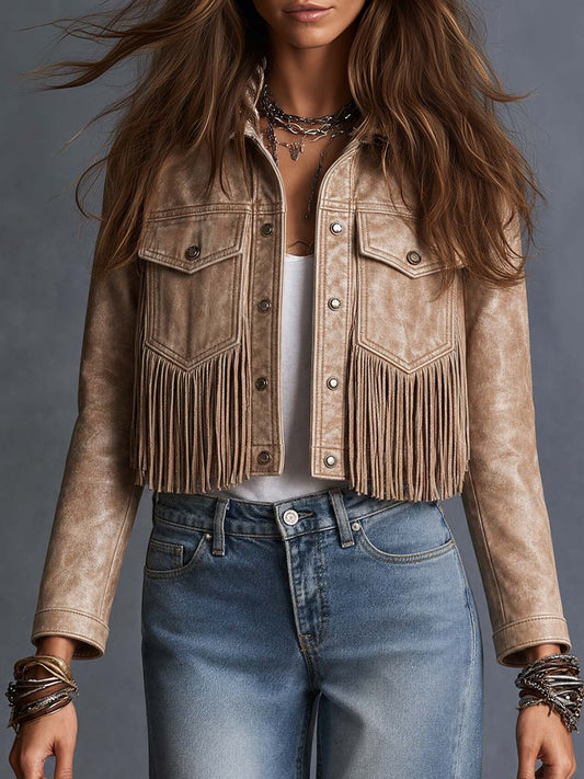 Western Faux Leather Fringe Cropped Jacket