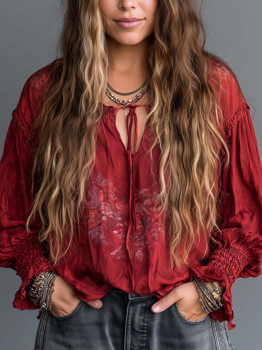 Boho Red Tie-Neck Smocked Cuff Blouse