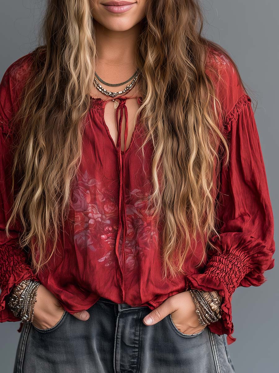 Boho Red Tie-Neck Smocked Cuff Blouse