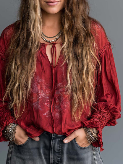 Boho Red Tie-Neck Smocked Cuff Blouse