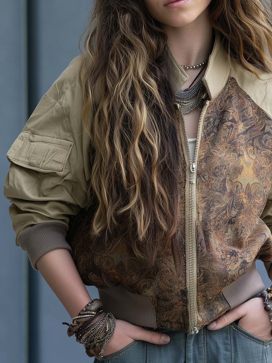 Boho Paisley Patchwork Zip-Up Bomber Jacket