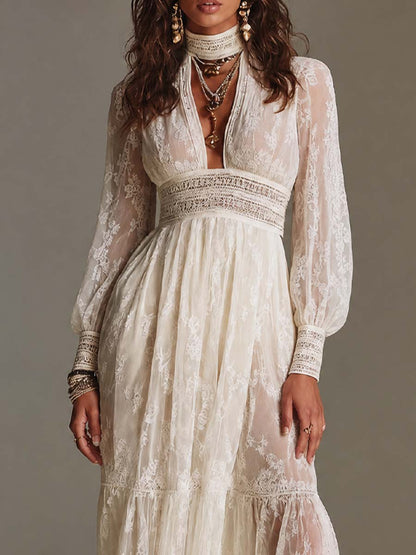 Boho High Neck Keyhole Cutout Smocked Waist Tiered Ruffle Lace Maxi Dress