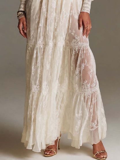 Boho High Neck Keyhole Cutout Smocked Waist Tiered Ruffle Lace Maxi Dress