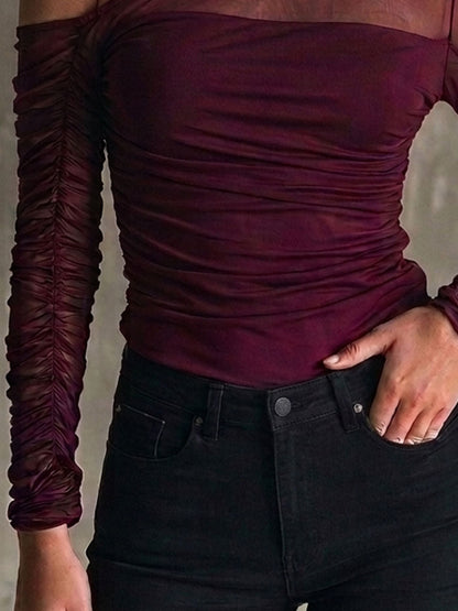 Asymmetric Off Shoulder Burgundy Mesh Ruched Long Sleeve Top