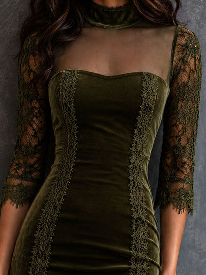 Retro Olive Velvet Mesh High Neck Lace Panel Mini Dress