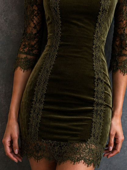 Retro Olive Velvet Mesh High Neck Lace Panel Mini Dress