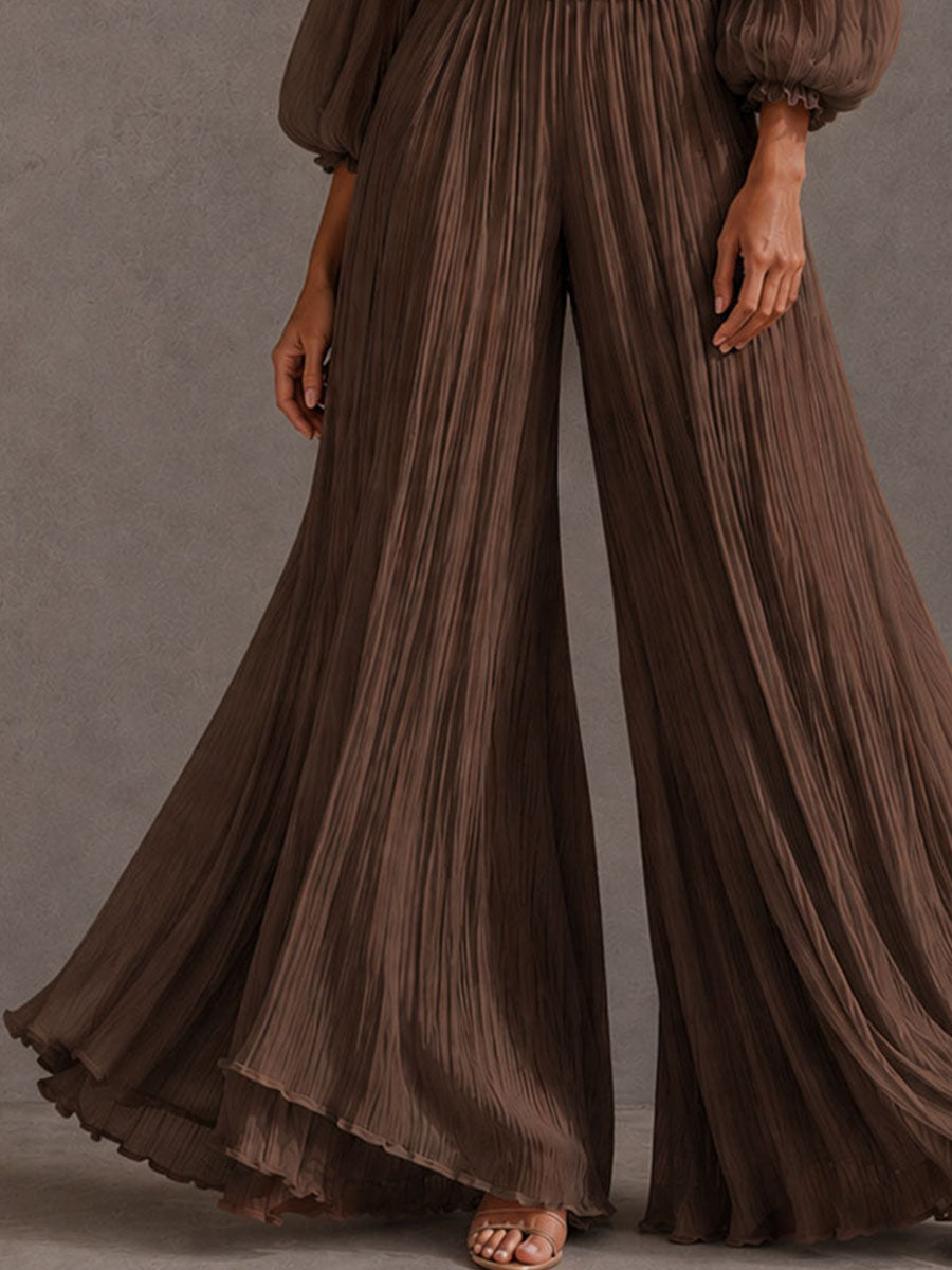 Boho Brown Crinkle Off Shoulder Ruffle Smocked Waist Wide Leg Jumpsuit