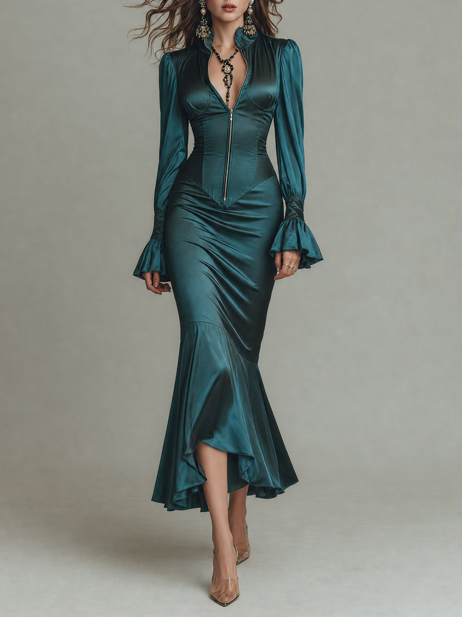 Emerald Satin Long-Sleeve Mermaid Maxi Dress with Ruffle Cuffs