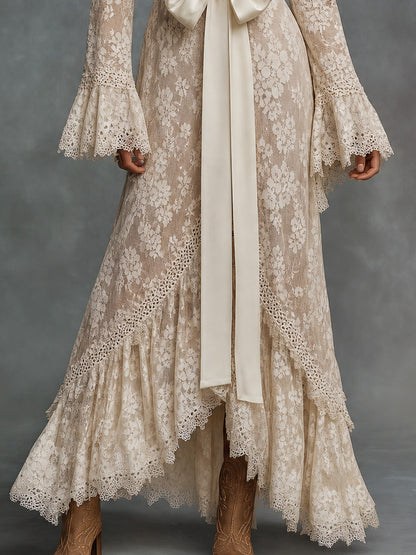 Ivory Floral Lace Bow Waist Maxi Dress