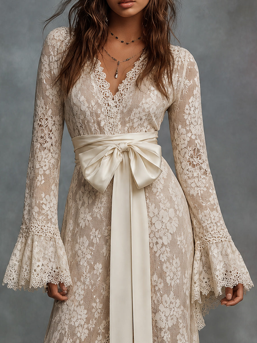 Ivory Floral Lace Bow Waist Maxi Dress